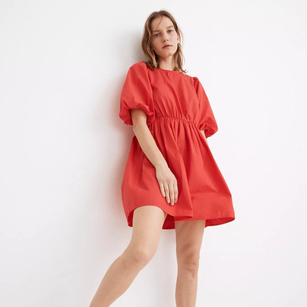 NWOT Poplin Crewneck Bubble-Sleeve Mini Dress
